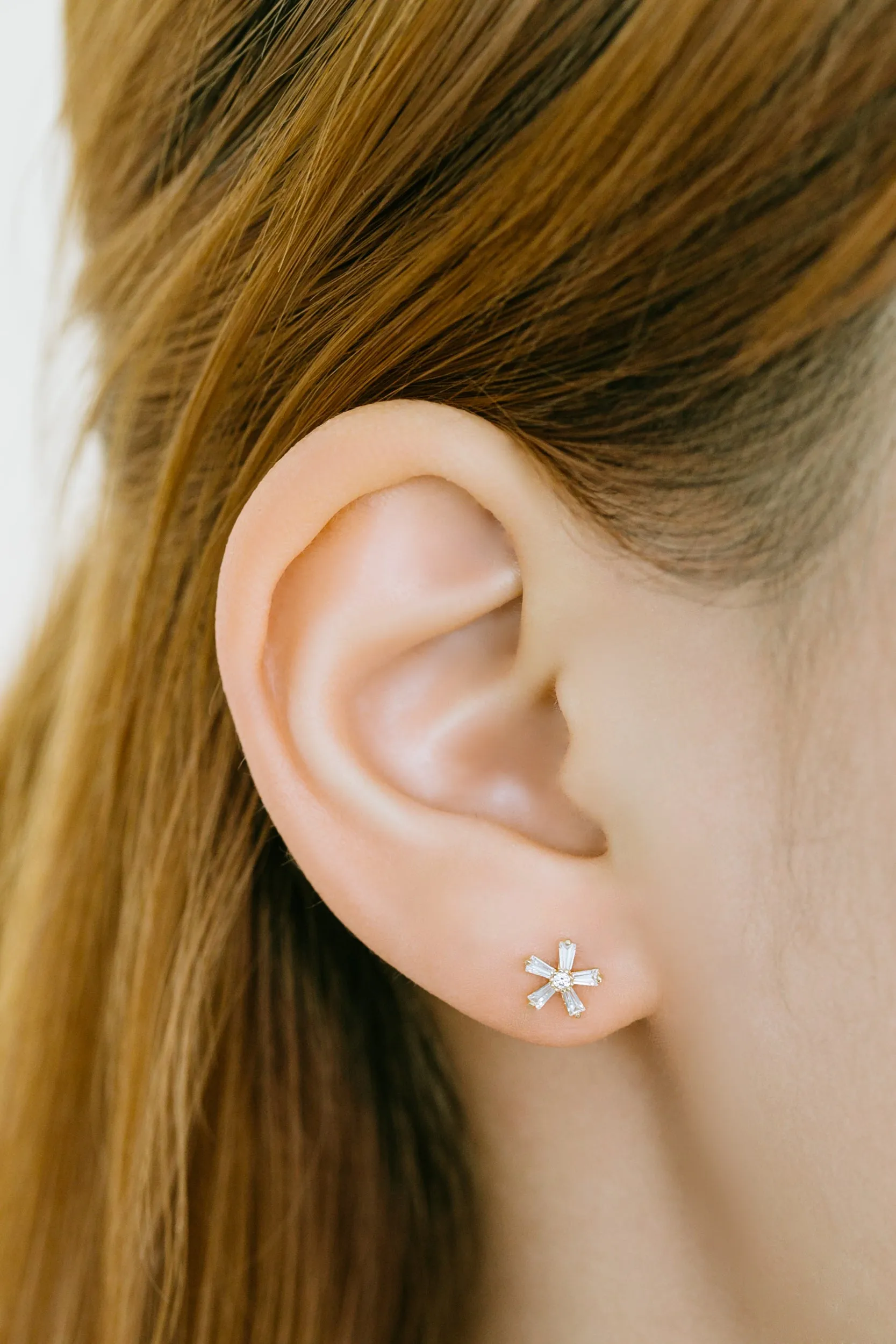 14k Gold Jewelry Cz Cute Snowflake Barbell Ear Stud Piercing