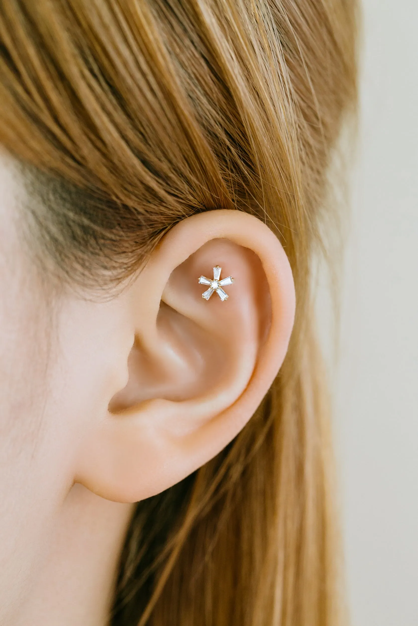 14k Gold Jewelry Cz Cute Snowflake Barbell Ear Stud Piercing