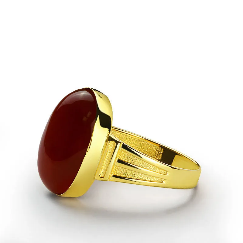 14k Yellow Gold Men's Ring with Red Agate Natural Stone