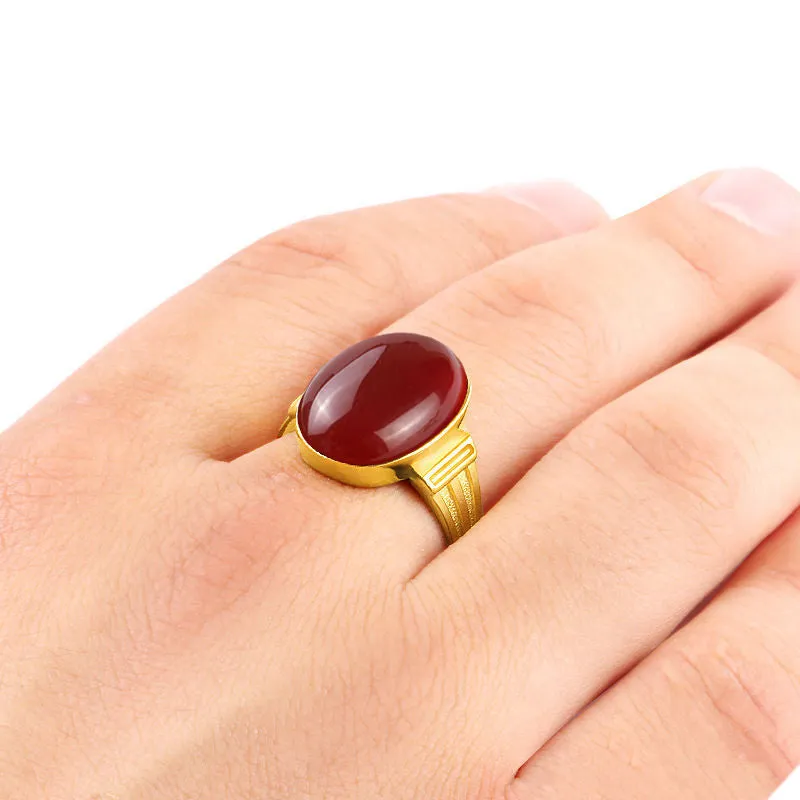 14k Yellow Gold Men's Ring with Red Agate Natural Stone