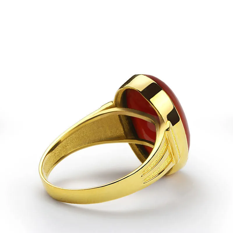 14k Yellow Gold Men's Ring with Red Agate Natural Stone