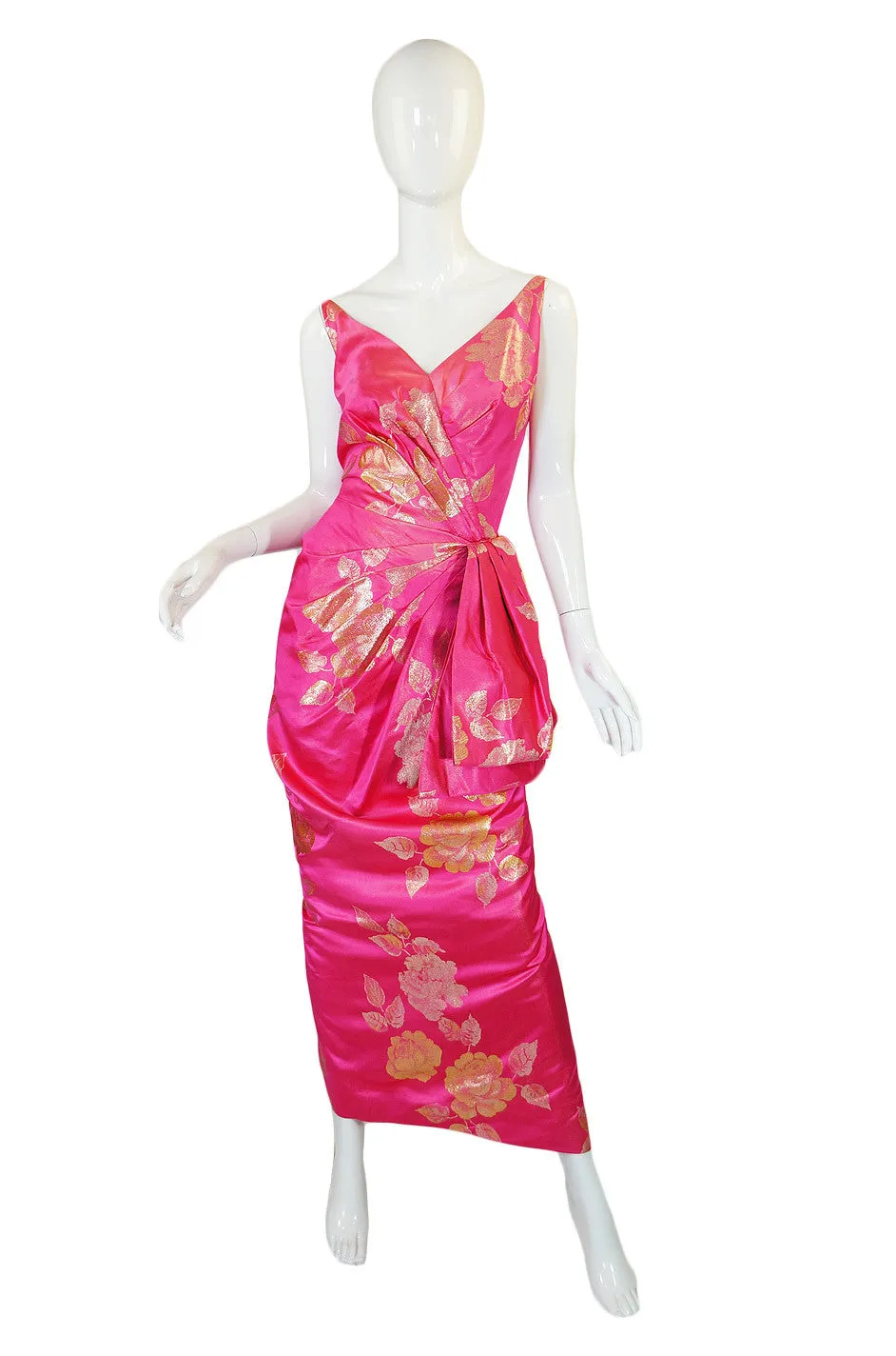 1950s Hulitar Attr Pink Silk Brocade Gown