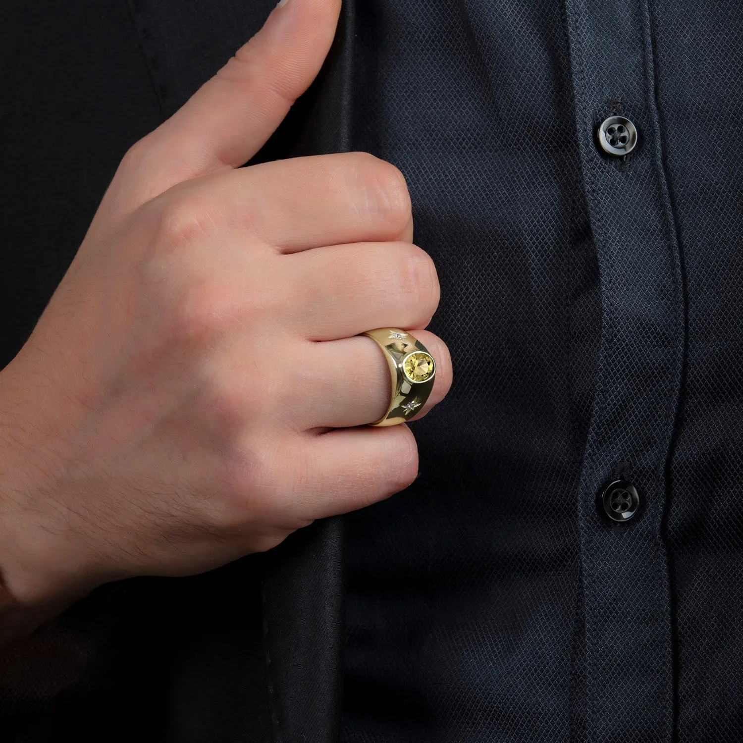 2.40 ct Yellow Citrine Ring for Man in Solid 14K Gold with Diamonds 3 Stone Statement Ring