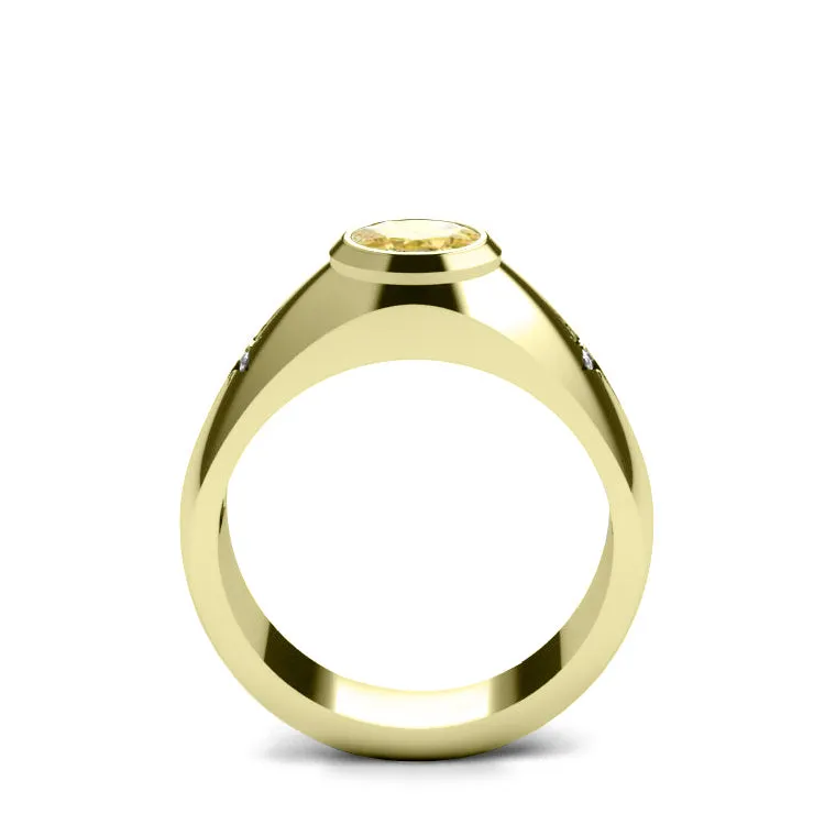 2.40 ct Yellow Citrine Ring for Man in Solid 14K Gold with Diamonds 3 Stone Statement Ring