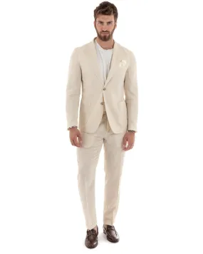 Abito Uomo Monopetto Vestito Lino Completo Giacca Pantaloni Beige Sportivo Elegante Cerimonia GIOSAL-OU2301A