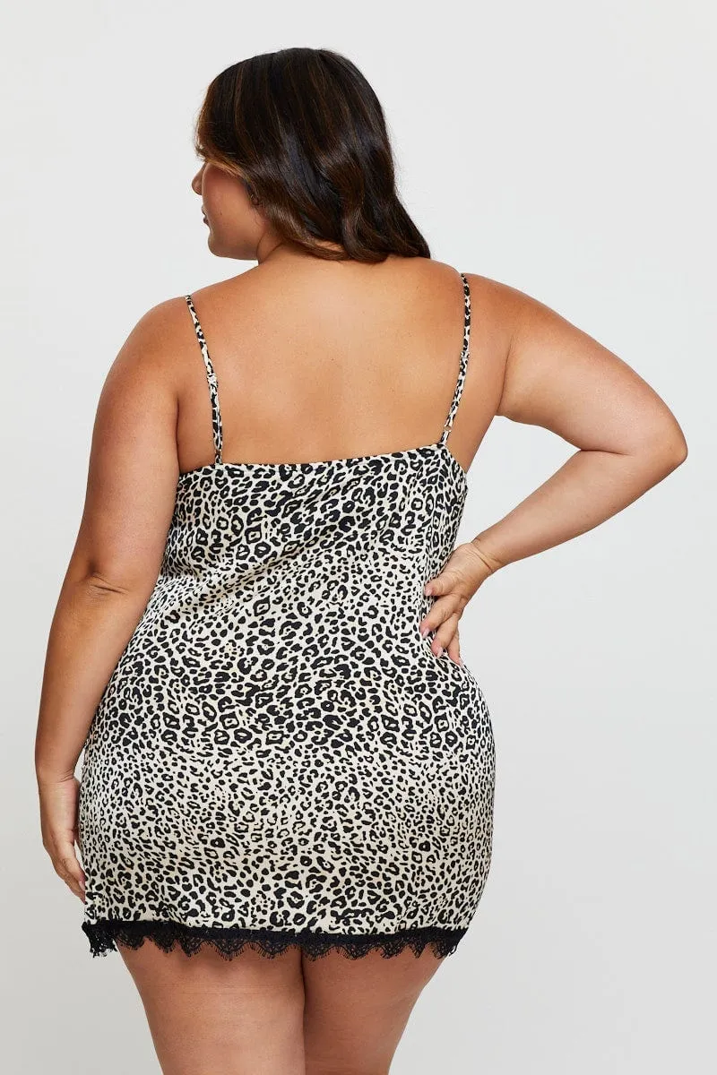 Animal Print Satin cami Nightie Eyelash Lace Night Dress