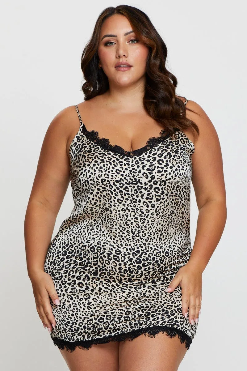 Animal Print Satin cami Nightie Eyelash Lace Night Dress