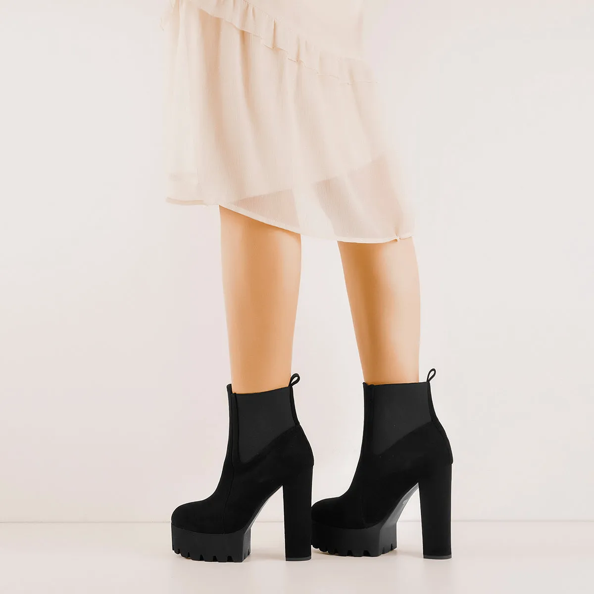 Black Suede Chunky High Heel Ankle Boots