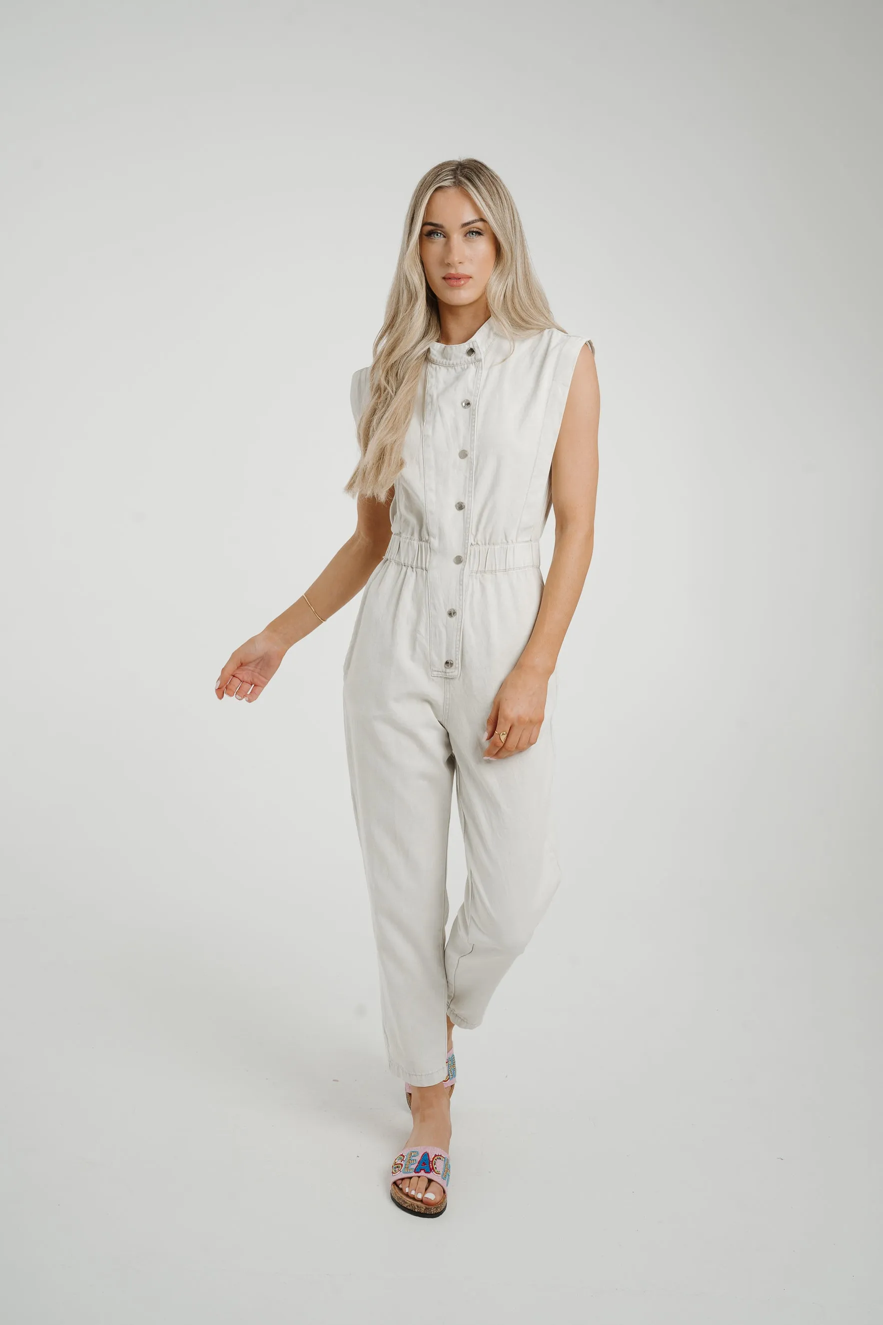 Cora Sleeveless Denim Jumpsuit In Dove Grey