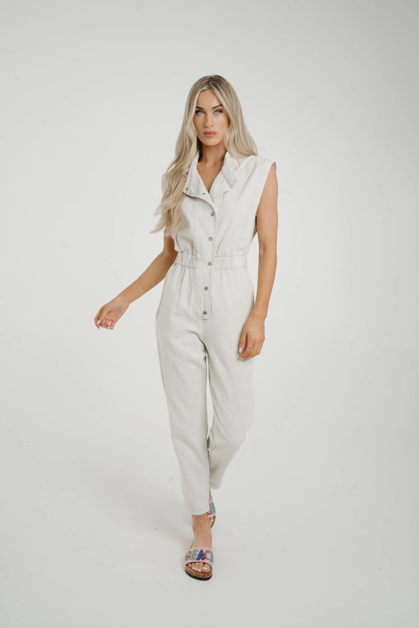 Cora Sleeveless Denim Jumpsuit In Dove Grey