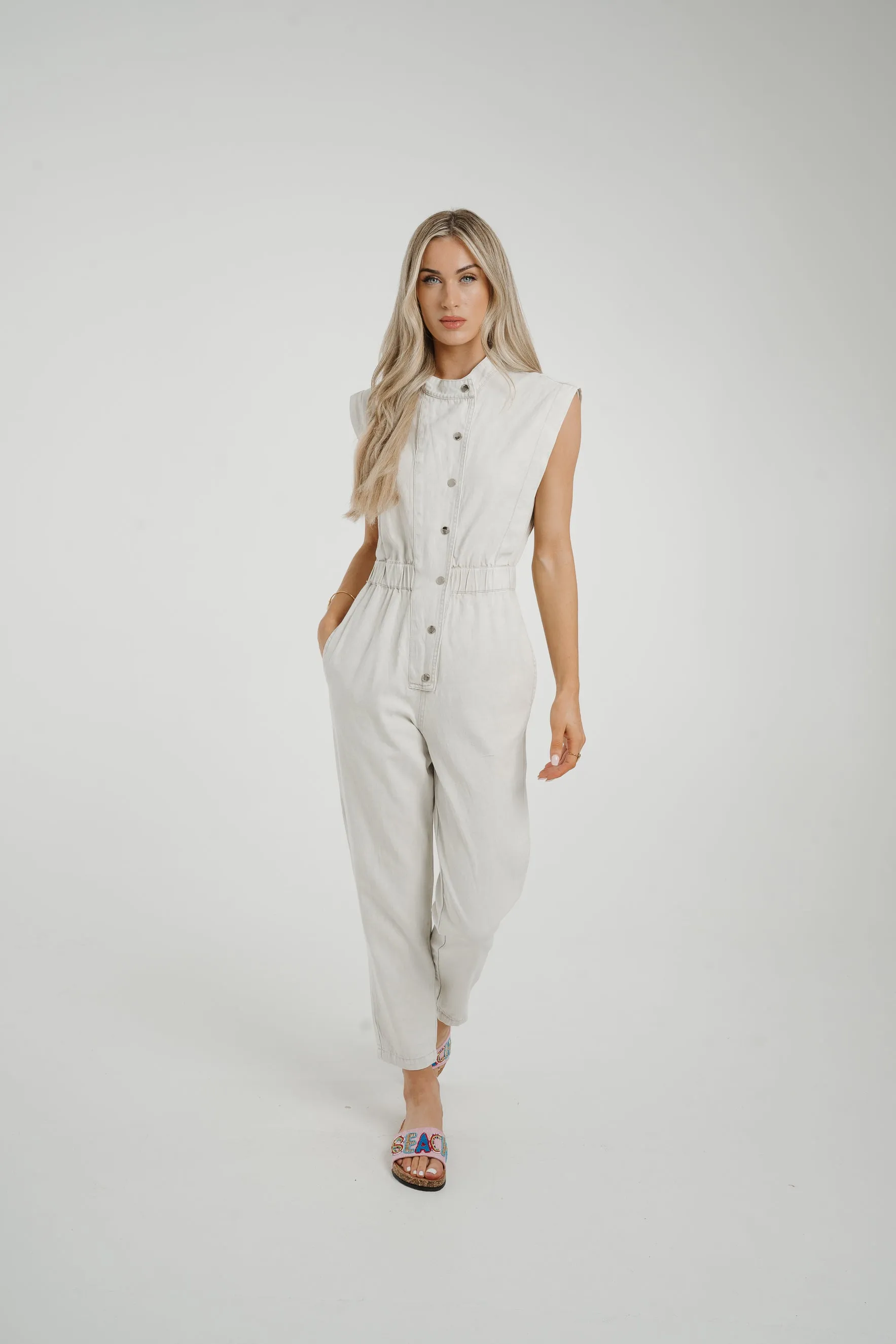 Cora Sleeveless Denim Jumpsuit In Dove Grey