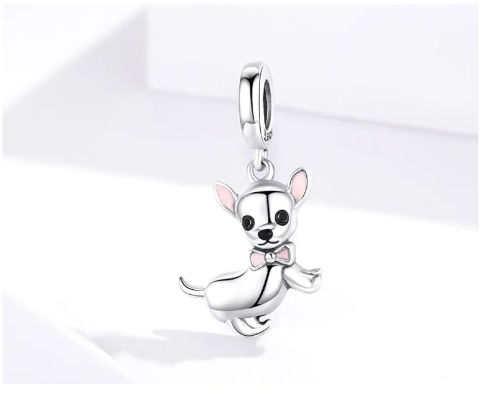 Cute Chihuahua Enamel Dangle Charm 925 Sterling Silver