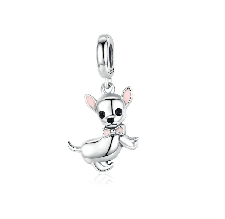 Cute Chihuahua Enamel Dangle Charm 925 Sterling Silver