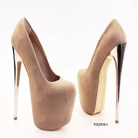 Dark Beige Faux Suede High Heel Platforms