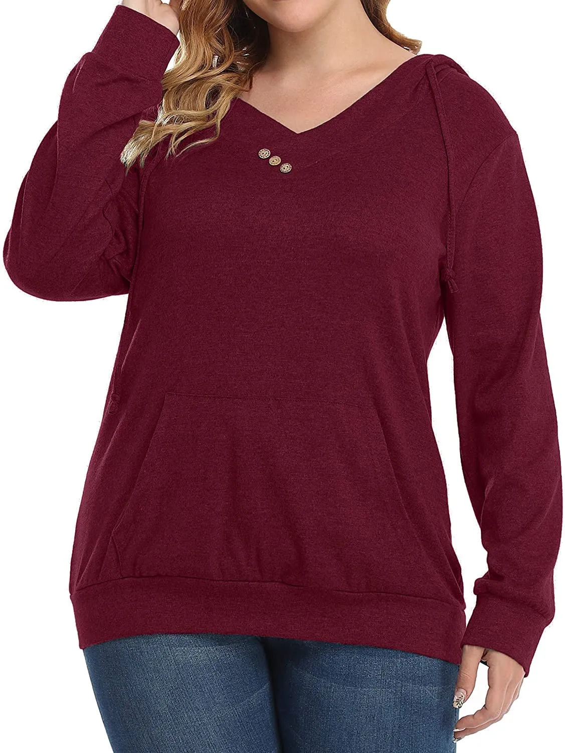 Fulbelle Women V Neck Puls Size Long Sleeve Kangaroo Pocket Thin Hoodie XL-4XL