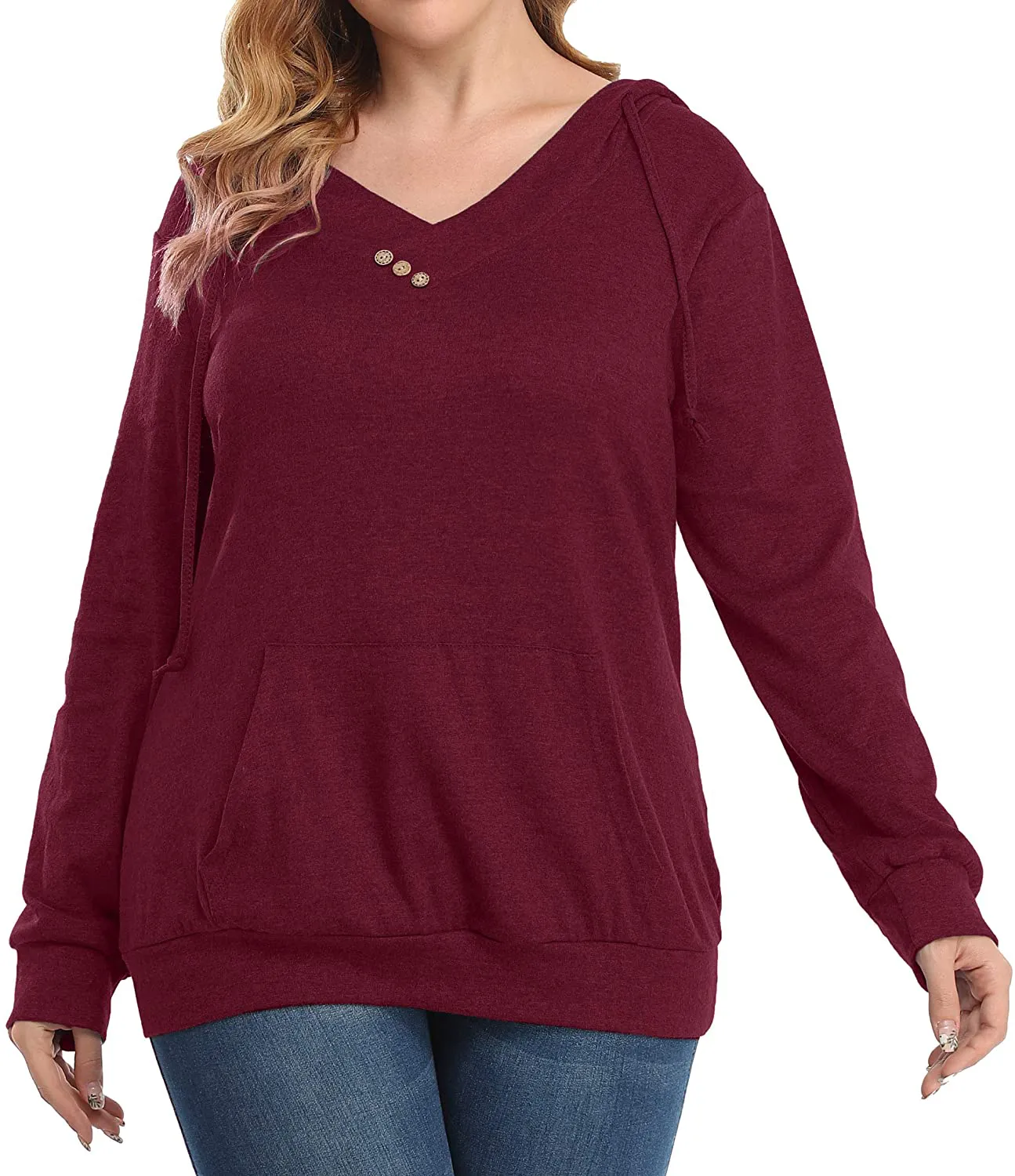 Fulbelle Women V Neck Puls Size Long Sleeve Kangaroo Pocket Thin Hoodie XL-4XL