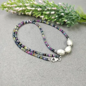 Gemstone Beads Necklace : Natural Multi Sapphire Silver Bead Pendant Bead Woman Chain Necklace 925 Sterling Silver 18.5" Gift (With Video)