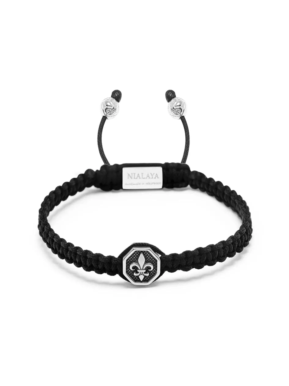 Men's Black String Bracelet with Vintage Silver Fleur De Lis Charm