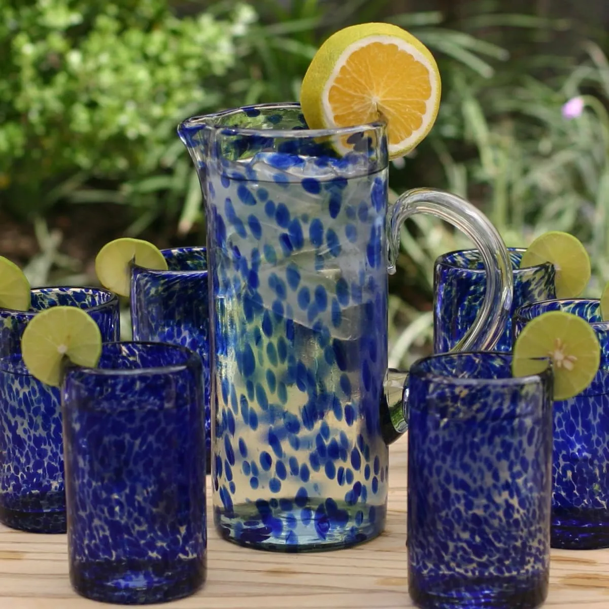 Novica Dotted Blue Glass Pitcher