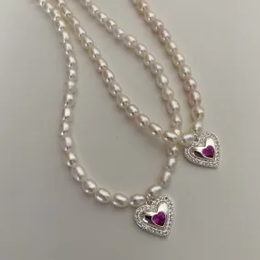 Pink Heart Silver Pendant Freshwater Pearl Necklace