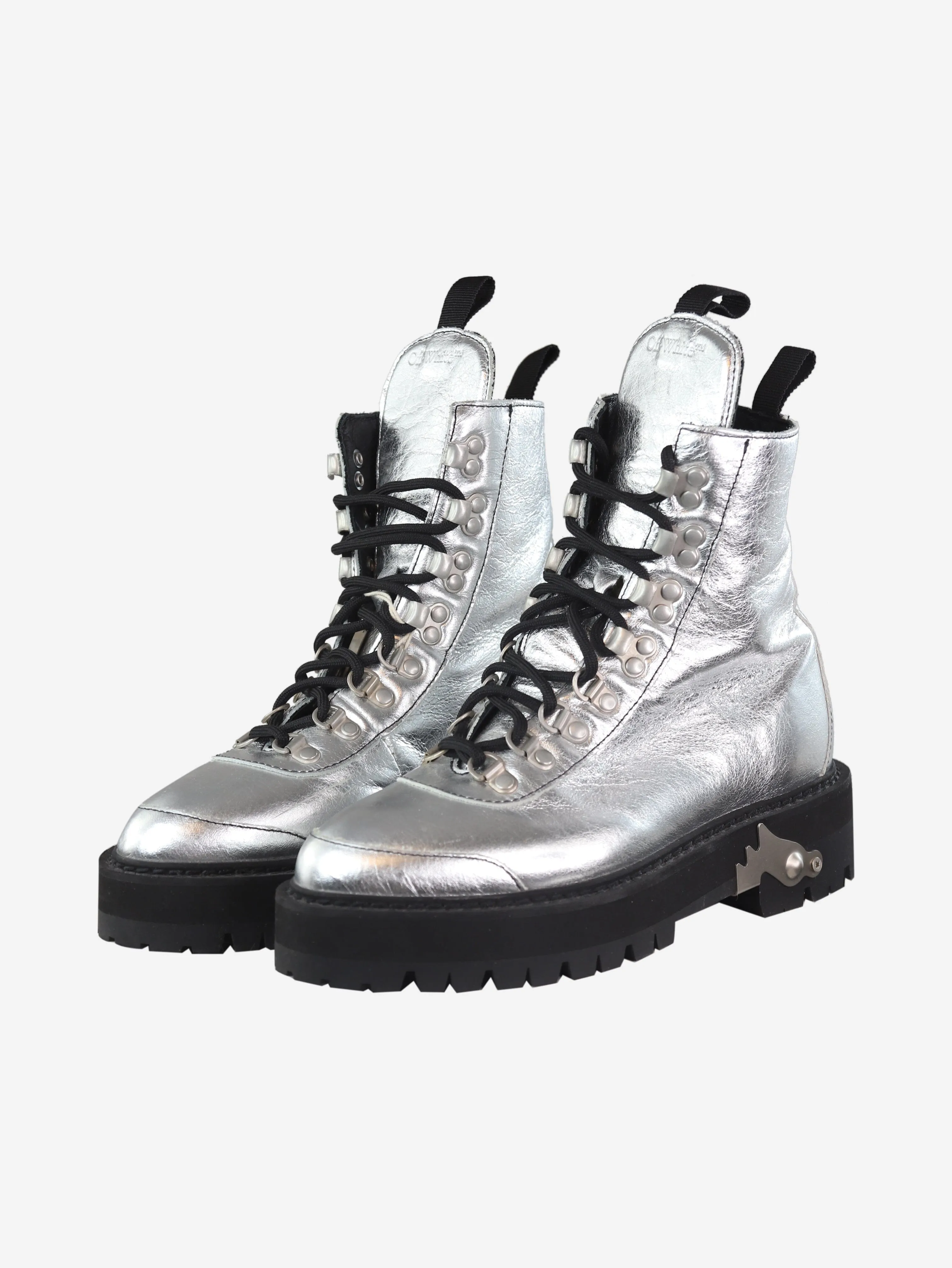 Silver metallic lace-up combat boots - size EU 37