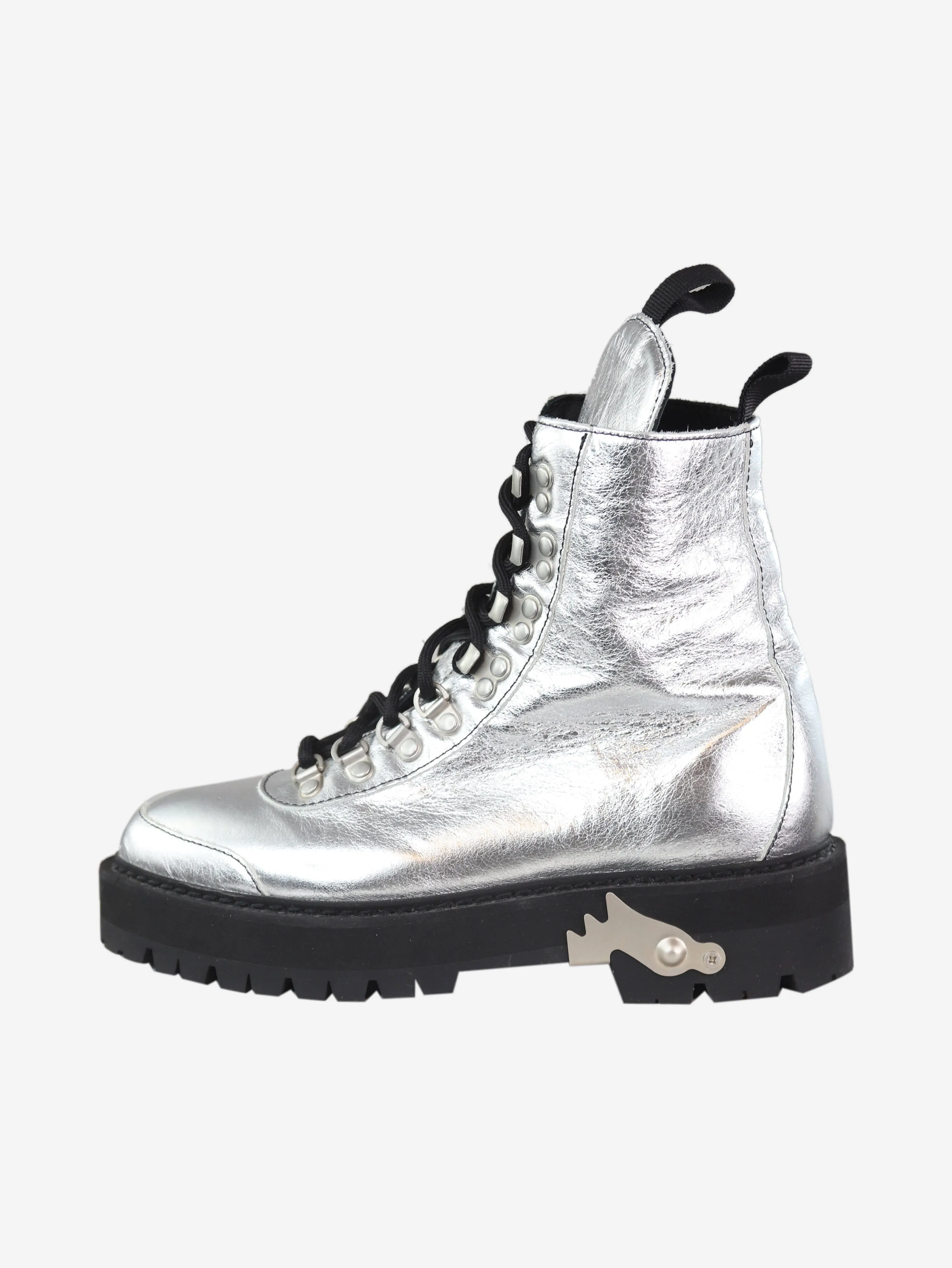 Silver metallic lace-up combat boots - size EU 37