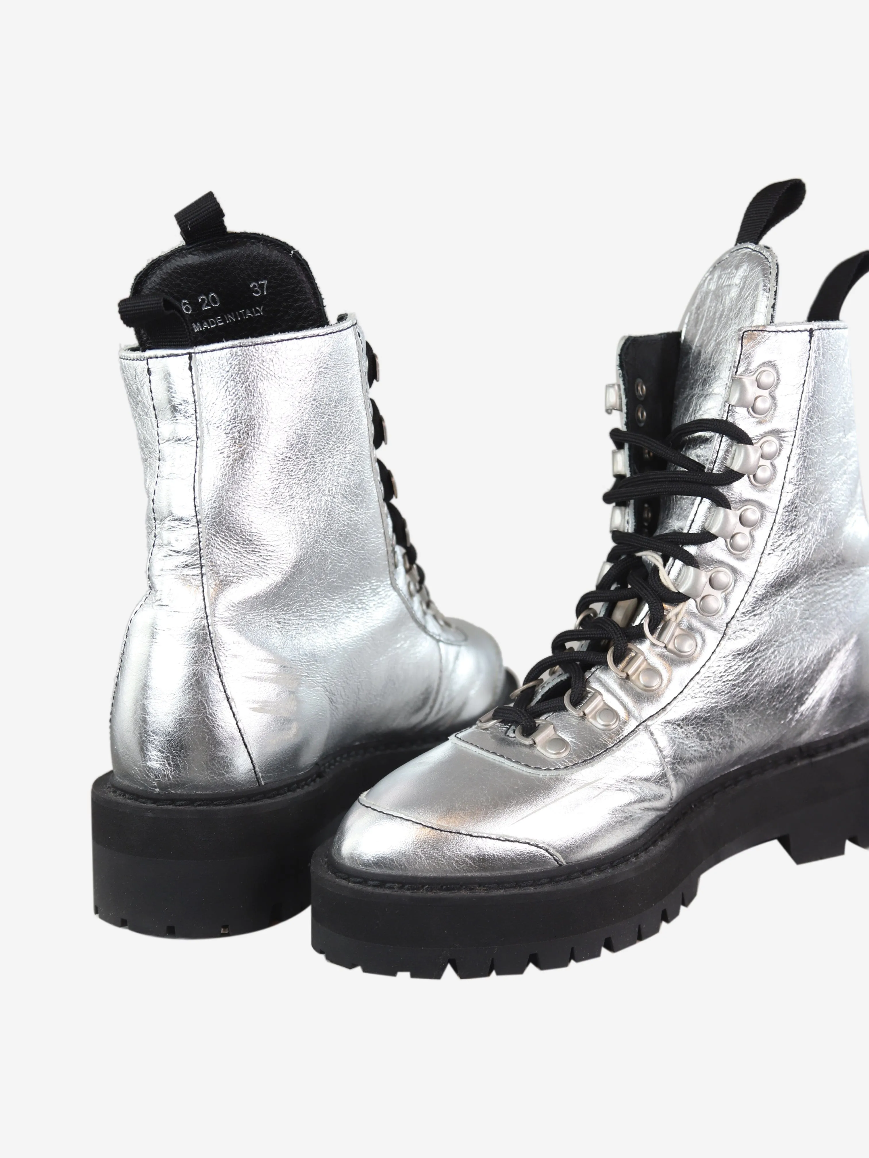 Silver metallic lace-up combat boots - size EU 37