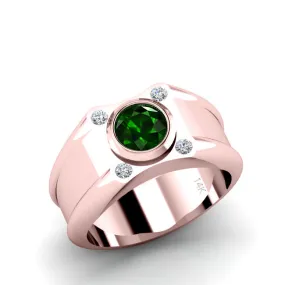 Square Ring with Diamond SOLID 14K Rose Gold with 1.70ct Round Green Emerald Male Pinky Ring