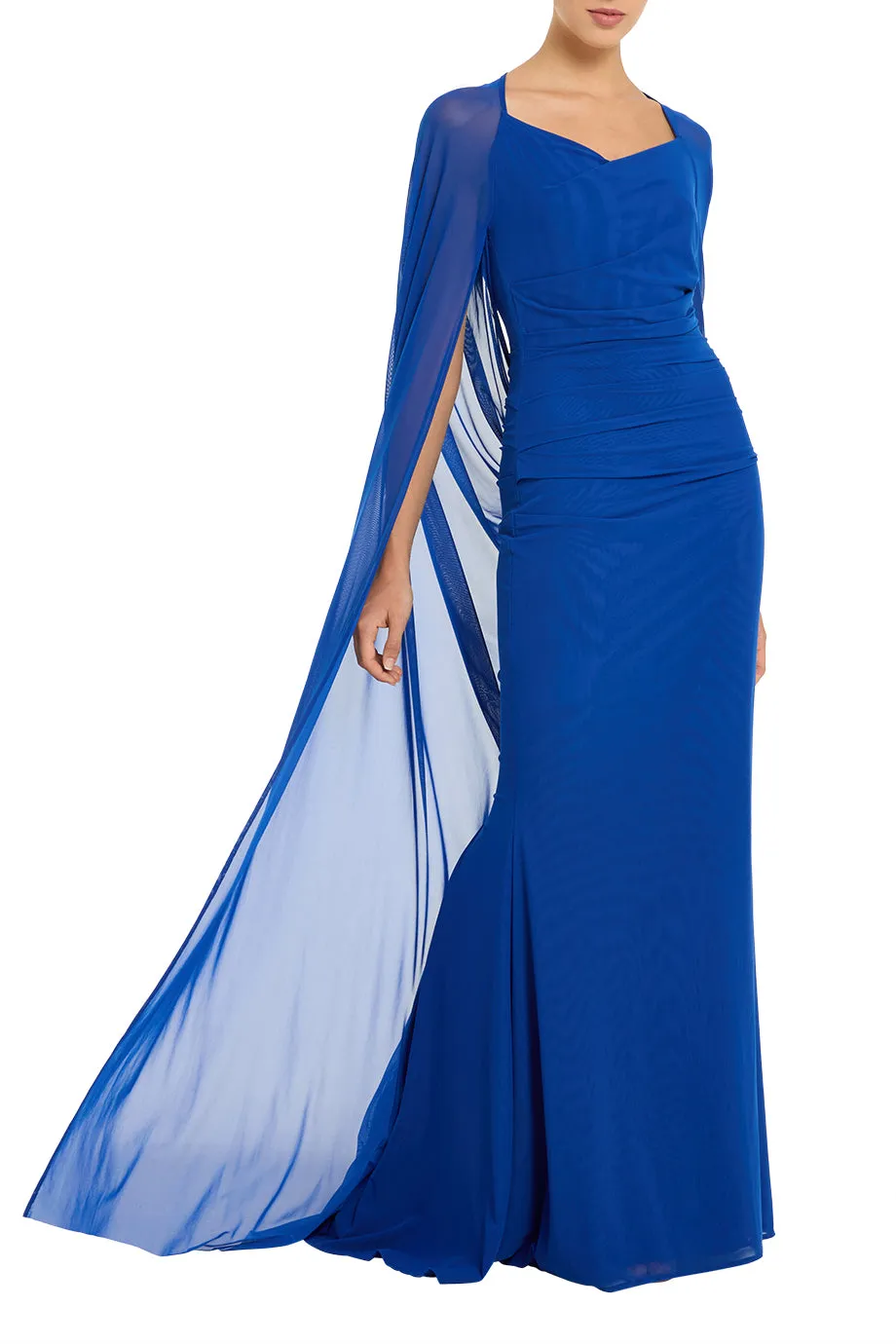 Stretch Tulle V Neck Cape Evening Gown