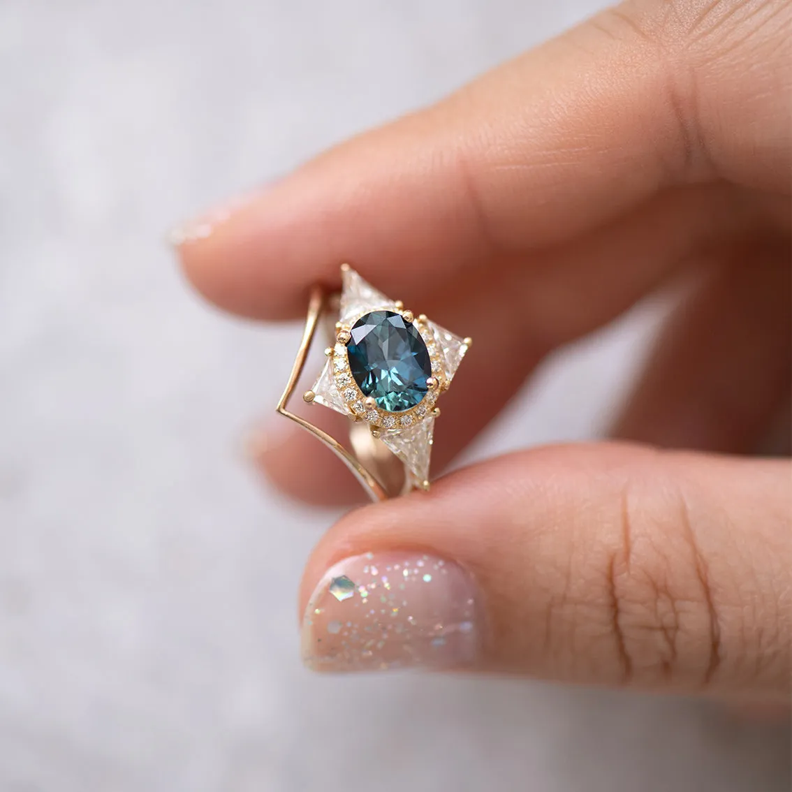 Teal Sapphire Deco Ring with Triangle Diamonds