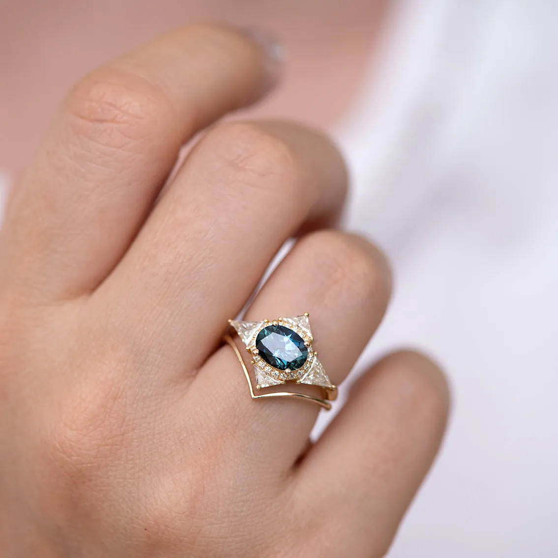 Teal Sapphire Deco Ring with Triangle Diamonds