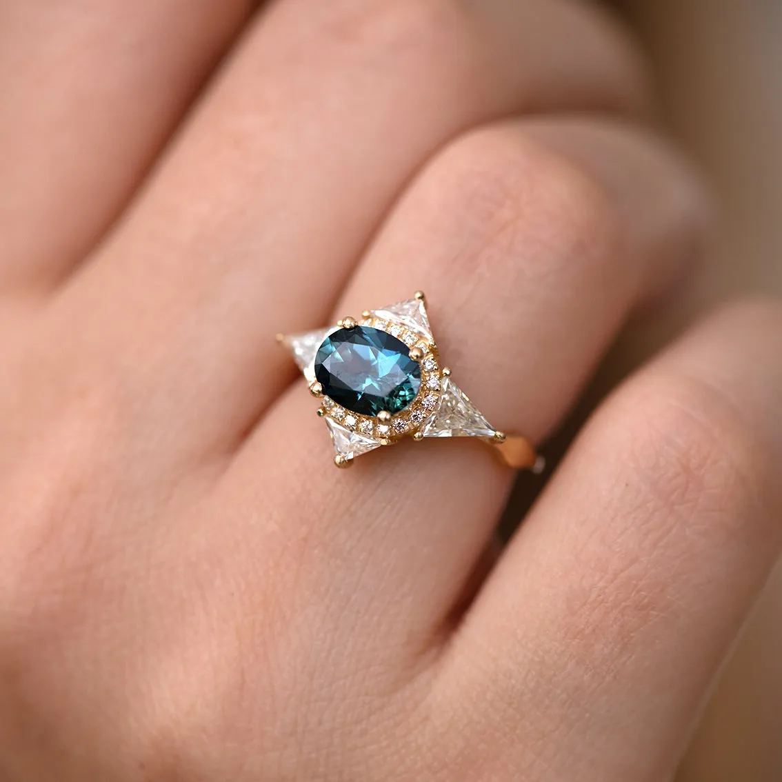 Teal Sapphire Deco Ring with Triangle Diamonds