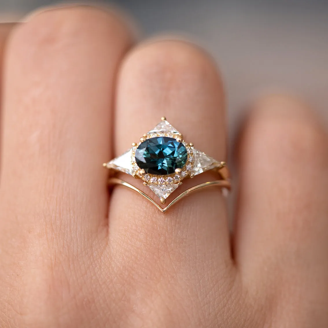 Teal Sapphire Deco Ring with Triangle Diamonds