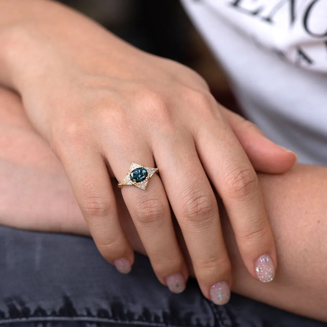 Teal Sapphire Deco Ring with Triangle Diamonds