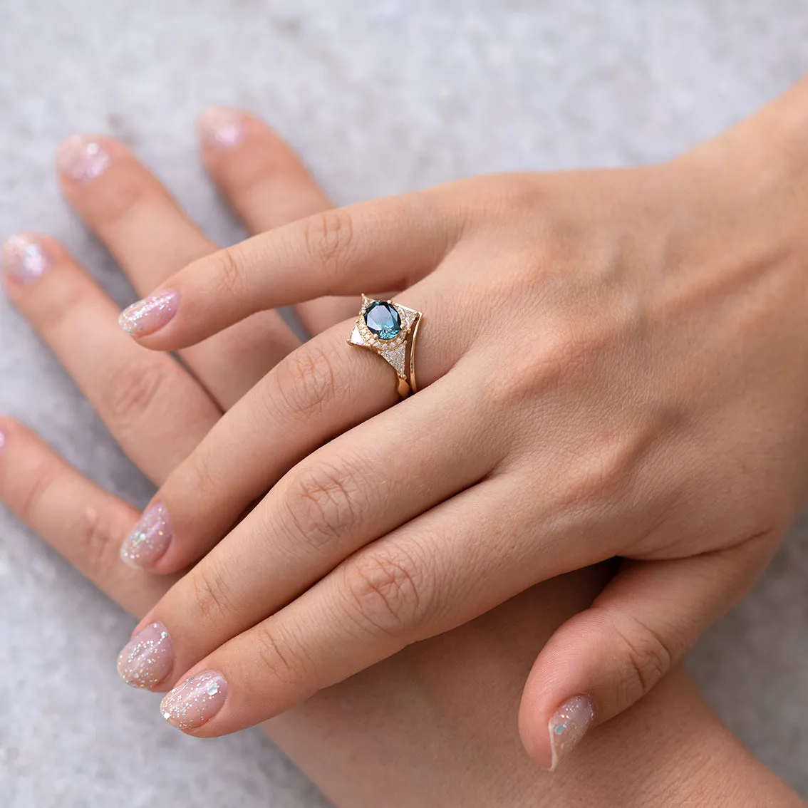 Teal Sapphire Deco Ring with Triangle Diamonds