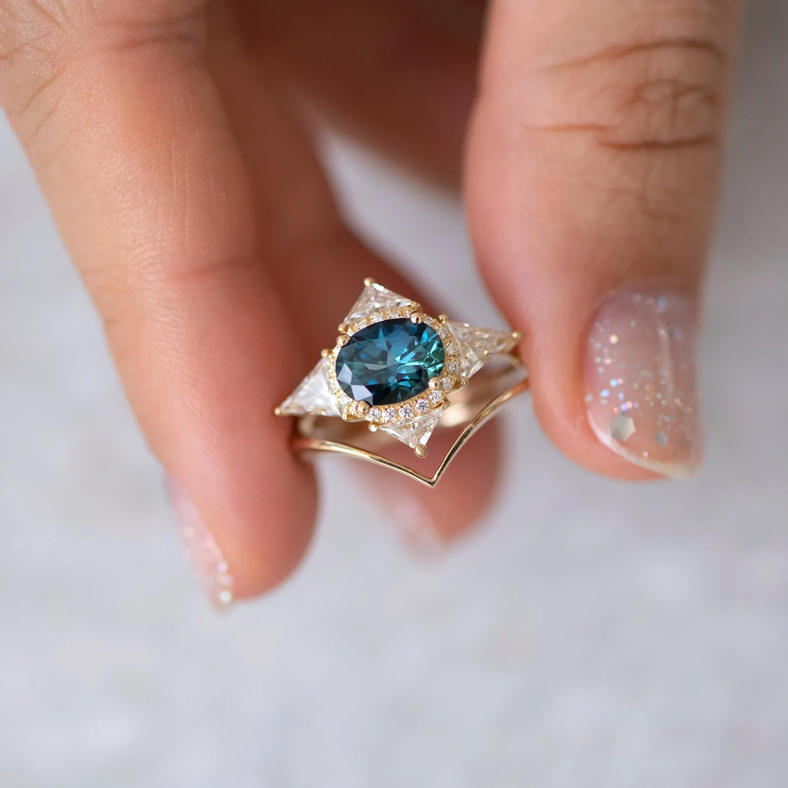 Teal Sapphire Deco Ring with Triangle Diamonds