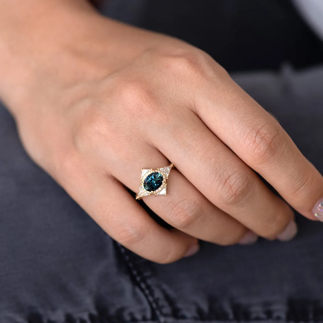 Teal Sapphire Deco Ring with Triangle Diamonds