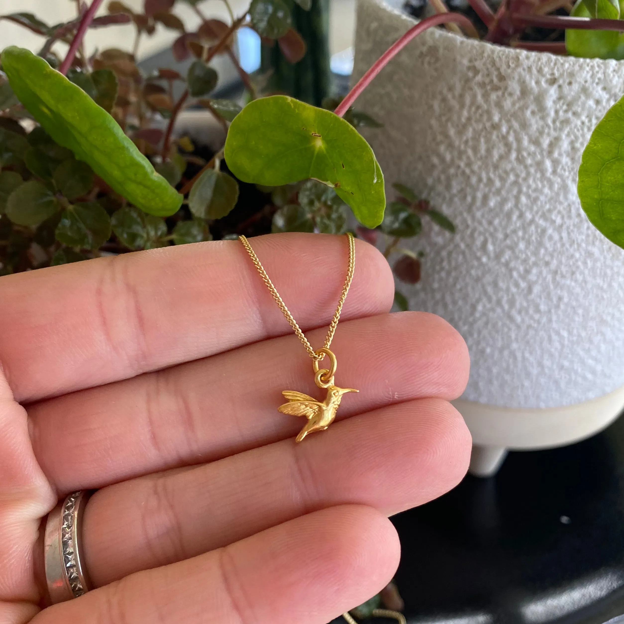 Tiny Hummingbird Charm Necklace in Gold