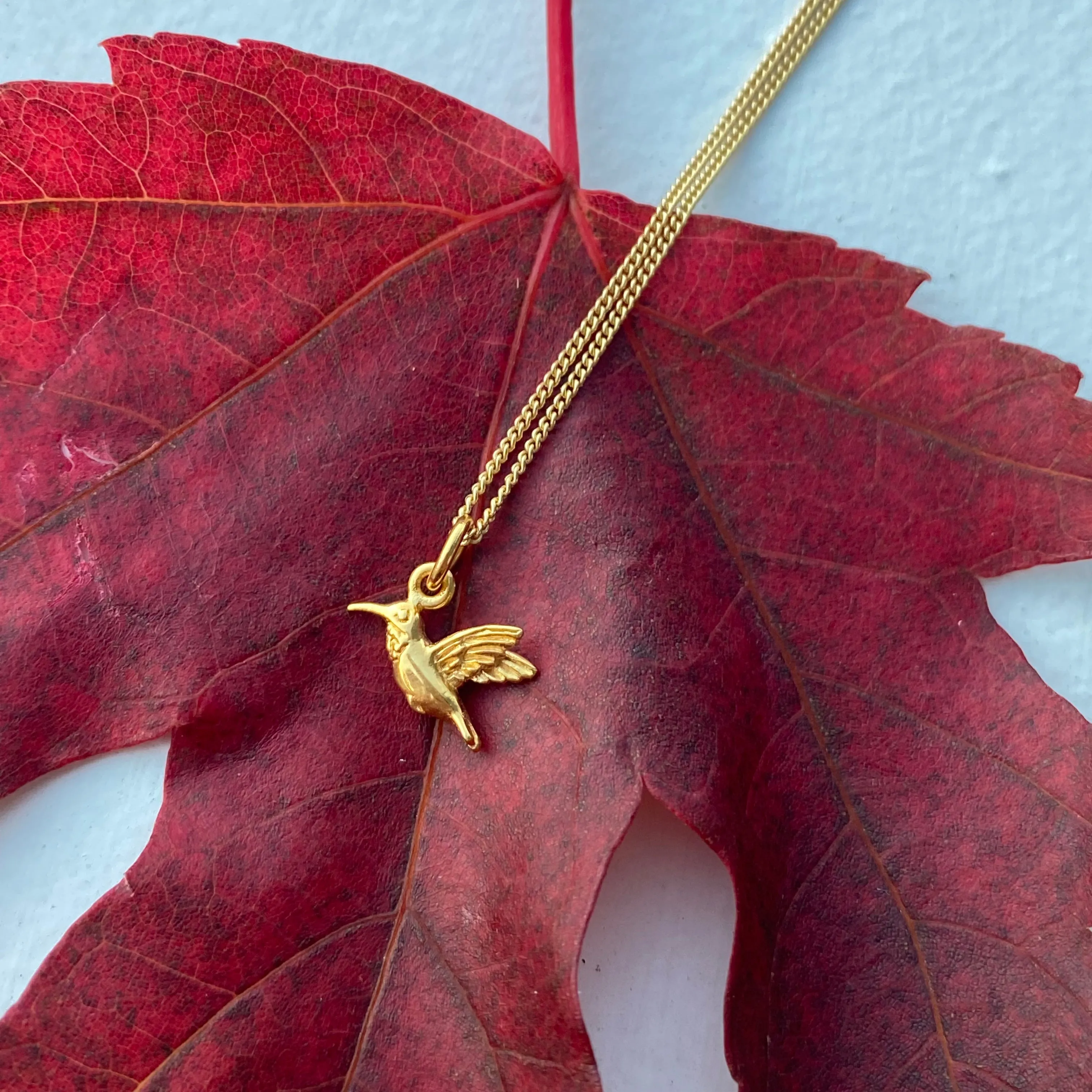 Tiny Hummingbird Charm Necklace in Gold