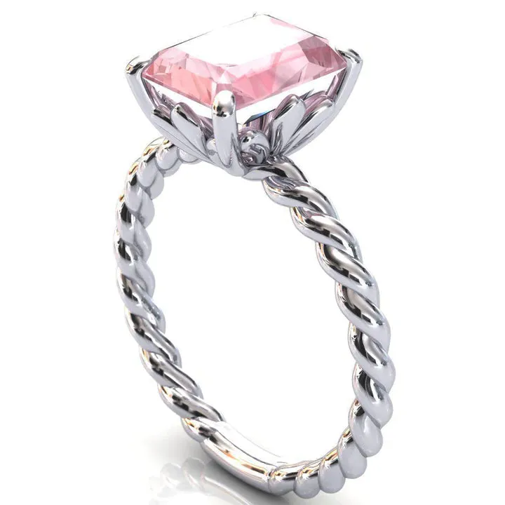 VICTORIA 10MM X 7MM RADIANT CUT PINK MORGANITE CENTER GEM BRAIDED ROPE VINTAGE FILIGREE RING