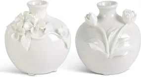 White Ceramic Vase with Raised Flowers - Short - 2 Styles