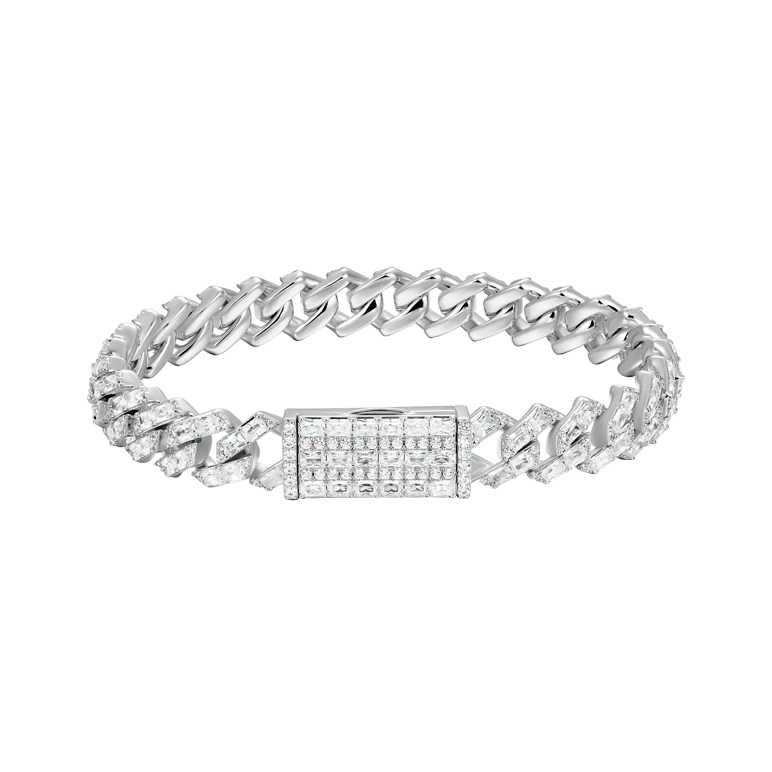 White Gold Emerald Cut Prong Cuban Link Bracelet - 10mm